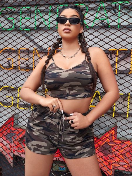 

plus camo print cami & tie front shorts j7fv#, Black
