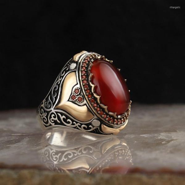 Fedi nuziali Vintage Turchia Gioielli fatti a mano Argento Colore Bicolore Anello da uomo Pietra naturale zircone rosso per donna Fascia Rita22