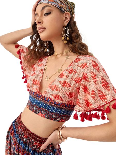 

geo print tassel detail flutter sleeve plunging neck blouse l2si#, White