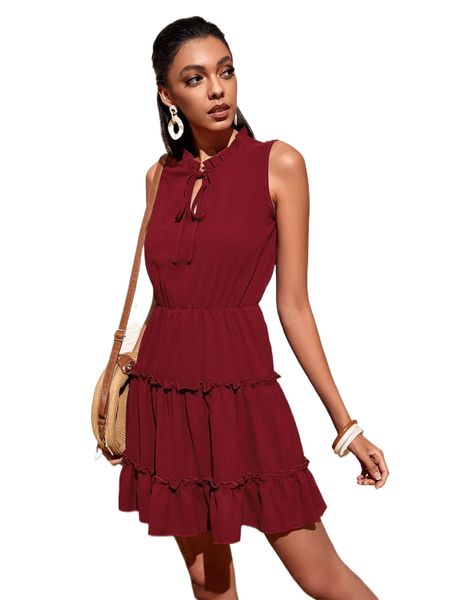 

frill tie neck ruffle hem dress p4mv#, Black;gray