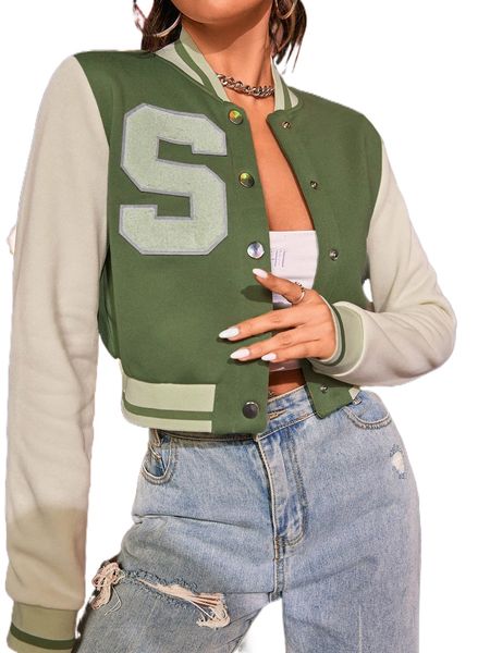 

letter patched crop bomber jacket o1nv#, Black;brown