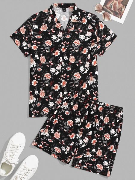 

men allover floral print shirt & shorts set o21p#, Gray