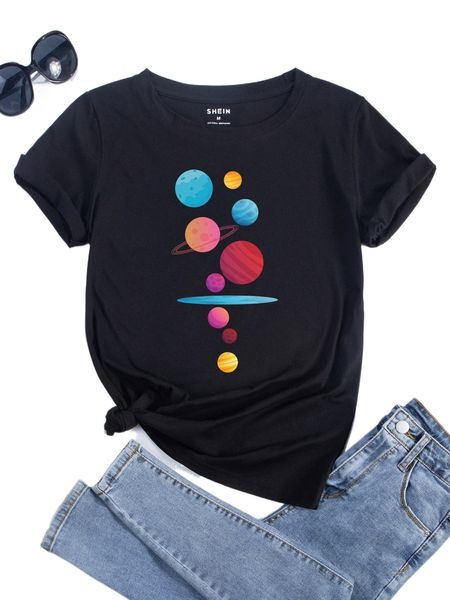 

planet print round neck tee 10f1#, White