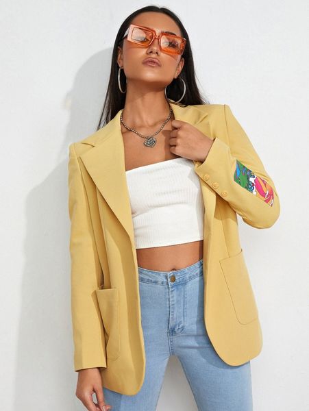 

lapel neck patched detail dual pocket single button blazer v17e#, White