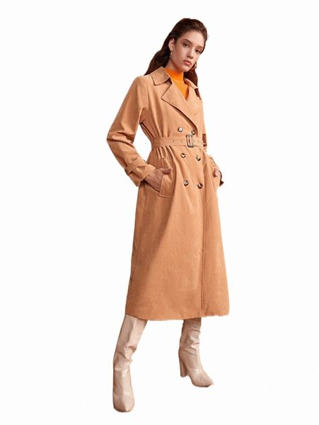 

lapel collar double breasted buckled belted trench coat 93f7#, Tan;black