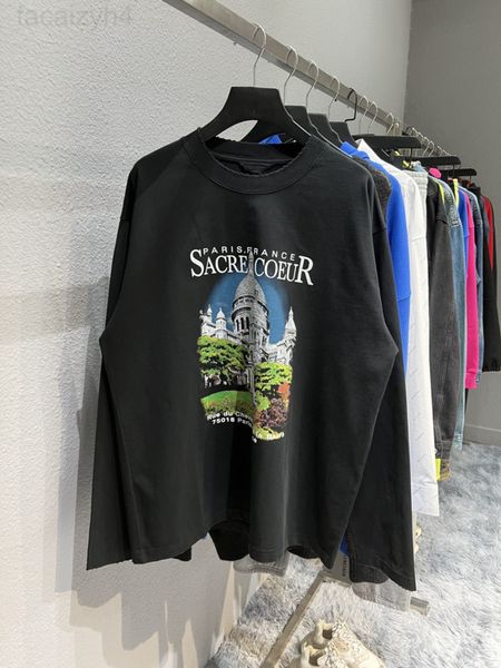 

women's t-shirt designer 21fw heavy industry washing water hand grinding process castle pattern printed long t-shirt os loose size lu, White