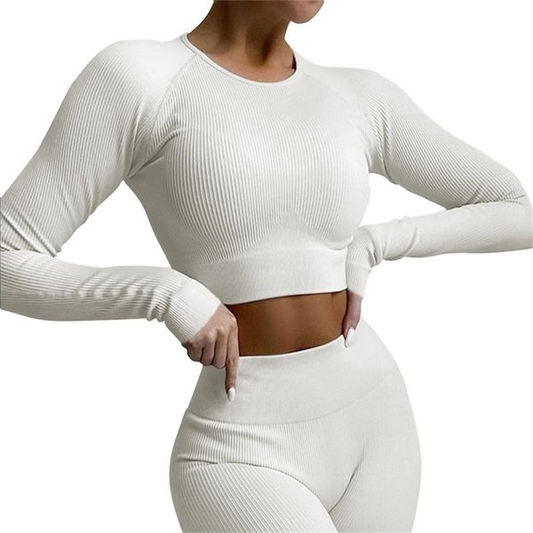 

seamless gym yoga sets women ribbed fitness suit sports wear workout outfit leggings and set activewear clothing 220330, Gray