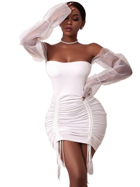 

sheer mesh bell sleeve ruched drawstring knot bodycon dress b8z8#, Black;gray