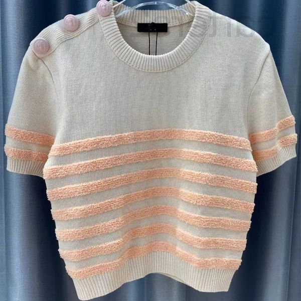

women's knits & tees designer straight 2022 early autumn new knitting casual temperament round neck shoulder button striped short sleev, White