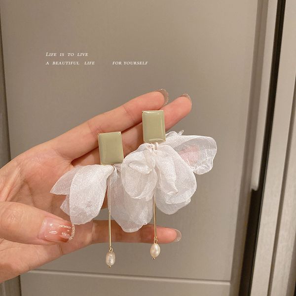 

925 silver needle korean temperamental fairy organza fabric earrings long ins ear stud earring new fashion earrings for women, Golden
