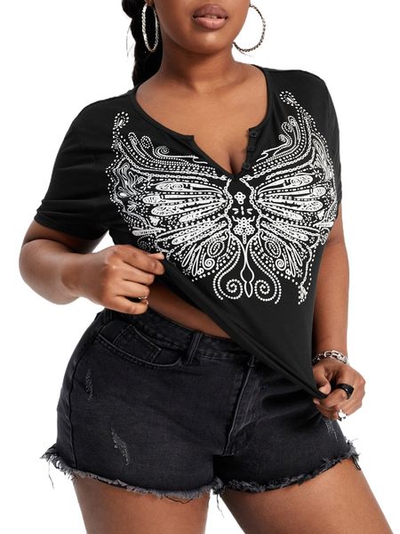 

sxy plus butterfly pattern notched neckline tee c1dg#, Black
