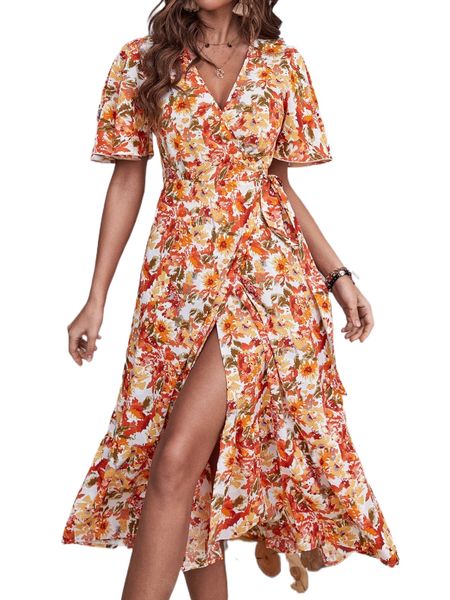 

allover floral print butterfly sleeve wrap dress s3qn#, Black;gray