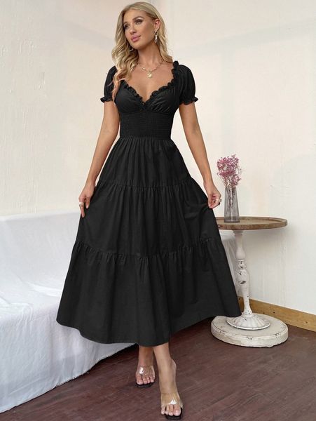 

off shoulder flounce sleeve shirred dress g2pf#, Black;gray
