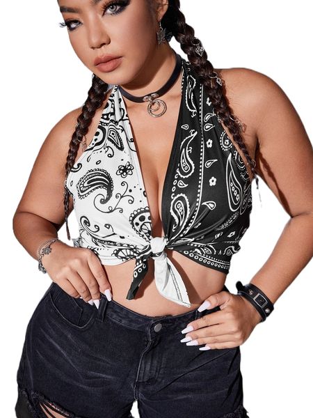 

plus paisley & floral print tie front twist backless halter b0qc#, Black