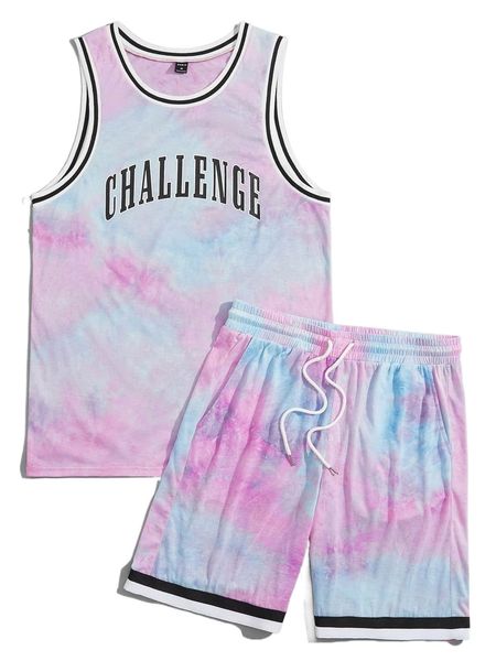 

men tie dye & letter graphic tank & drawstring waist shorts set t0tm#, Gray