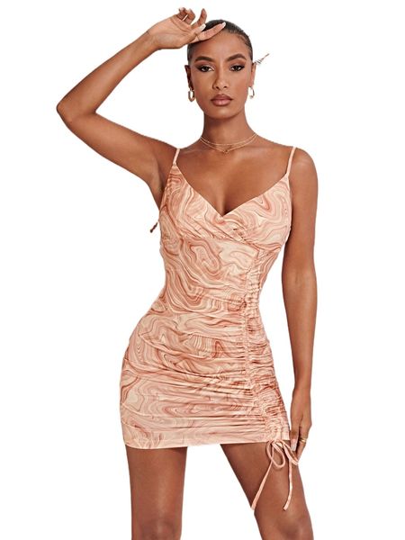 

marble print drawstring side cami dress d6l6#, Black;gray