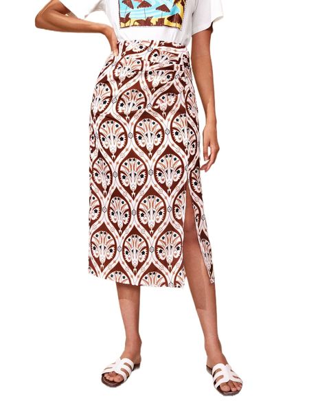 

damask print split thigh skirt n3vw#, Black