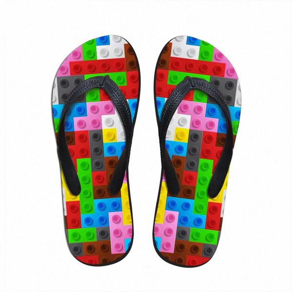 Kundenspezifische Frauen Wohnungen Haus Hausschuhe Slipper 3D Tetris Druck Sommer Mode Strand Sandalen Für Frau Damen Flip Flops Gummi Flipflops V1AH #