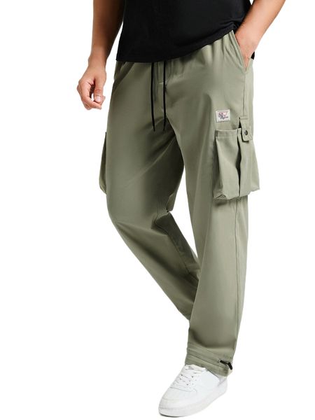 

men patched detail slant pocket drawstring waist cargo pants 793z#, Black