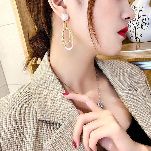 

925 silver needle auricular pearl irregular metal geometry earrings simple style freshess eardrop, Golden