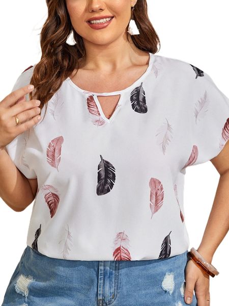 

plus feather print batwing sleeve keyhole neck blouse l9hs#, Black