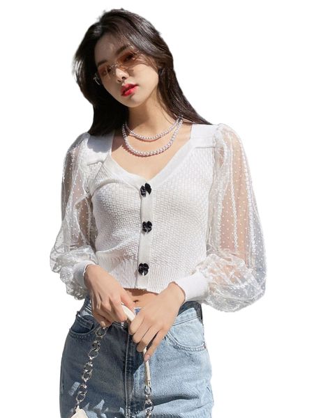 

dazy polka dot contrast mesh bow front crop b8gc#, White