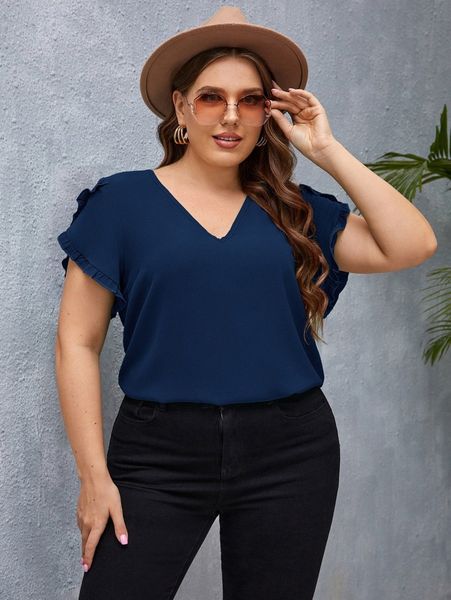

plus frill trim petal sleeve blouse l1x8#, Black