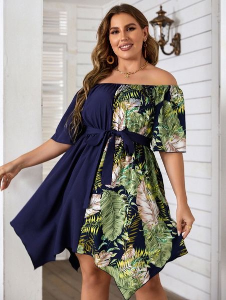 

plus tropical off the shoulder belted dress u90x#, Black