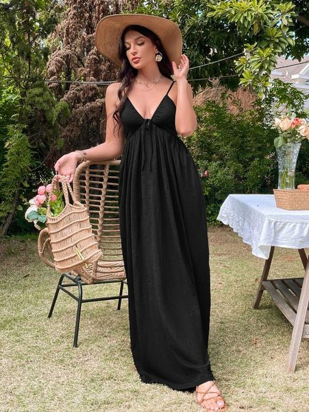 

tie back knot shoulder maxi cami dress e8jj#, Black;gray