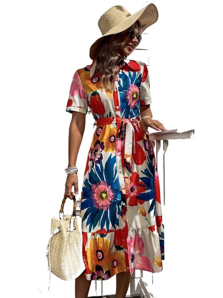 

floral belted button front ruffle hem shirt dress 02fn#, Black;gray