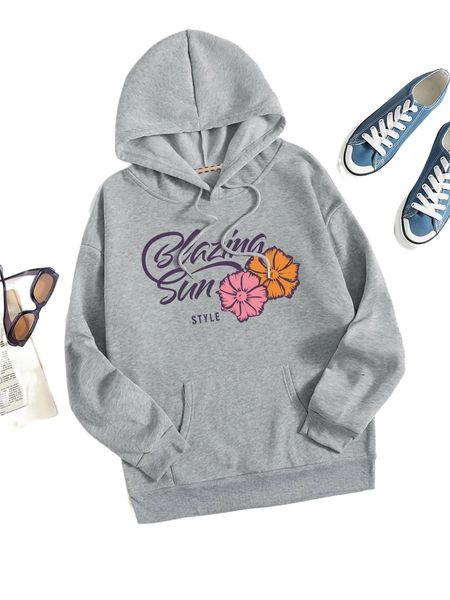 

floral & letter graphic drawstring thermal lined hoodie i9rk#, Black