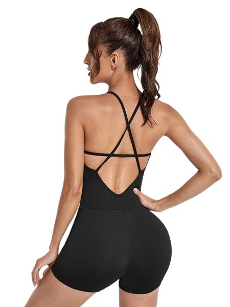 

crisscross back halter sports romper r3rt#, Gray