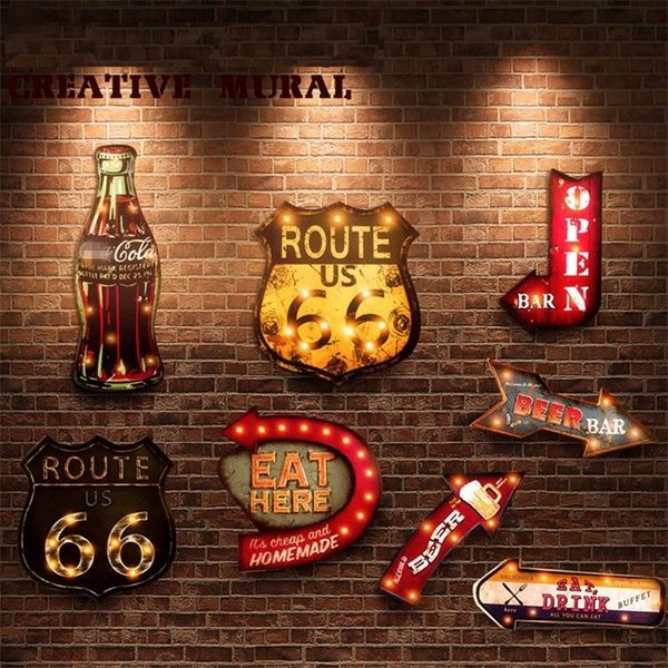 Pittura decorativa a luce LED vintage Cola fredda per pub bar di famiglia ristorante caffetteria cartellone Route 66 insegne al neon a led 220705