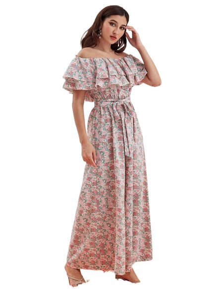 

modely allover floral print off shoulder ruffle trim belted jumpsuit h6la#, Black;white