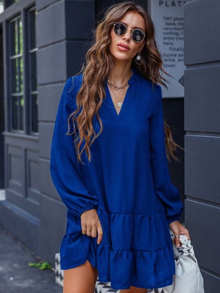 

v-neck ruffle hem smock dress f2hy#, Black;gray