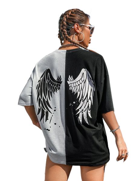 

drop shoulder two tone wing print longline tee q01b#, White