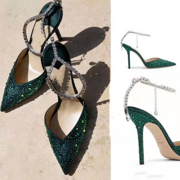 Отсуть туфли Женская темно -зеленый заостренные пальцы с бриллиантами высокие каблуки шпильки Slingback Sandals Элегантный подиум плюс размер 3443
