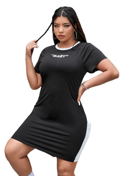 

plus letter graphic colorblock tee dress j8t3#, Black