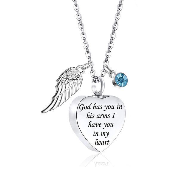 

cremation urn necklace heart ashes necklace carved locket stainless steel waterproof memorial pendant with angel wing birthstone, Silver