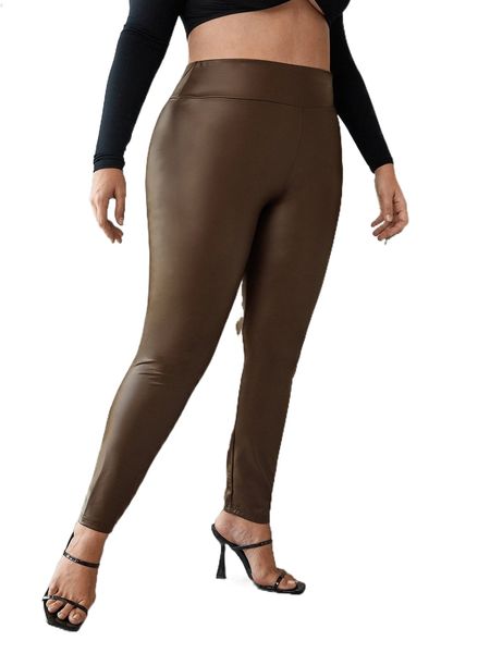 

plus wide waistband pu leather leggings p75b#, Black