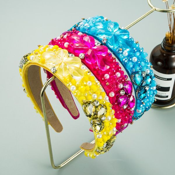 

colorful crystal flower headband elegant simulated pearl beaded solid color hairband girls party headwear, Slivery;white
