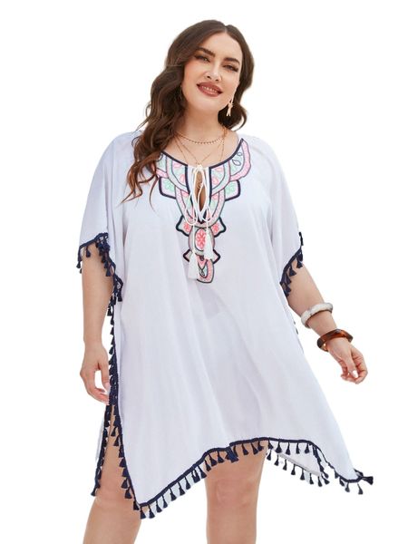 

plus geo embroidery tassel trim batwing sleeve split hem cover up a9xp#, Black