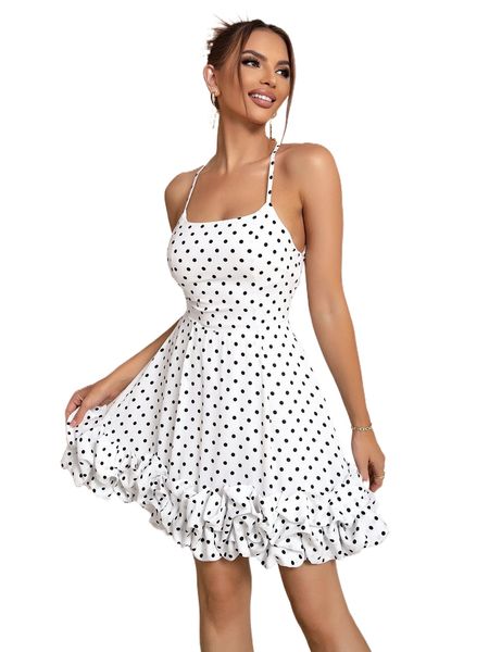 

joyfunear polka dot print ruffle hem cami dress l3dt#, Black;gray