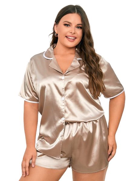 

plus contrast binding lapel neck satin pajama set a881#, Black;white