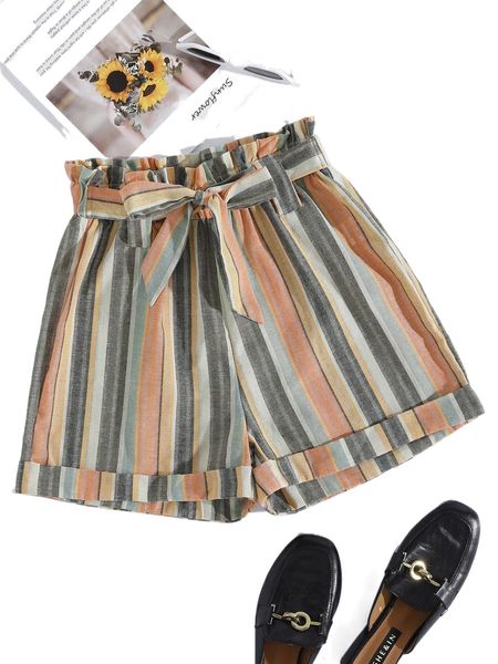 

block striped paperbag waist belted shorts d6c8#, White;black