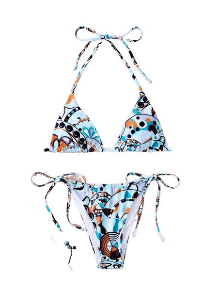 

allover print halter triangle bikini swimsuit 207k#, White;black