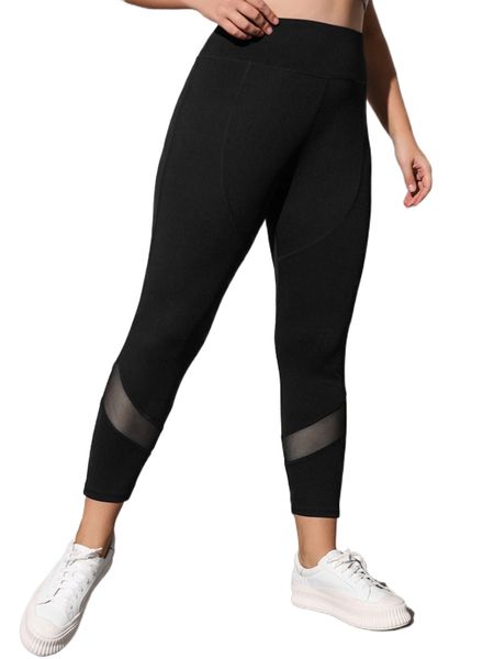

plus contrast mesh high waisted cropped sports leggings e1ww#, Black
