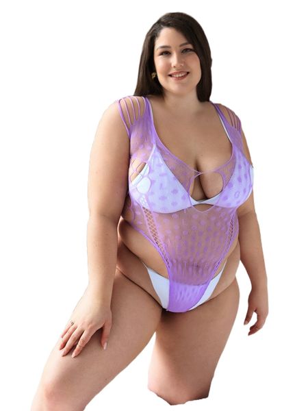 

plus polka dot pattern cut out teddy bodysuit without liner 365z#, Black;white