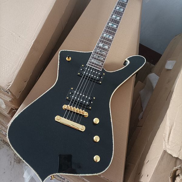 

6 strings black electric guitar with gold hardware abalone inlay
