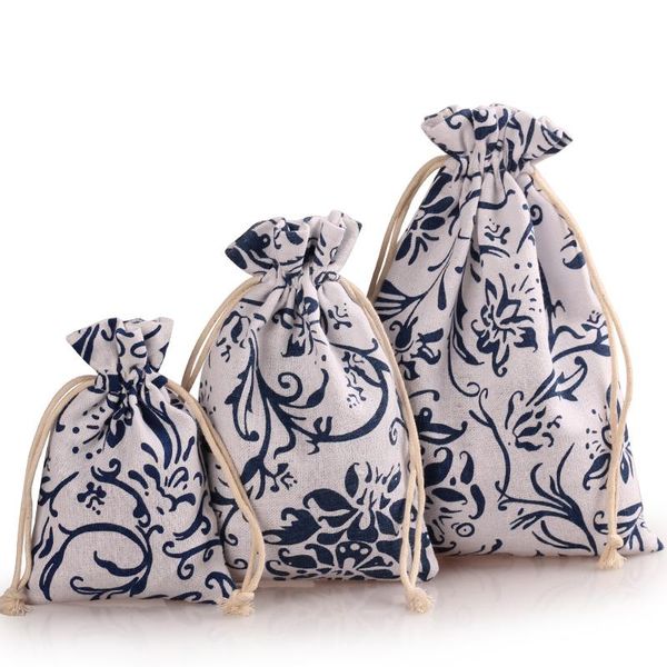 Confezione regalo Multi-size in cotone lino Porcellana blu e bianca Borsa portaoggetti con coulisse Confezione di gioielli per dolciumi natalizi di nozze 1 pezzo regalo